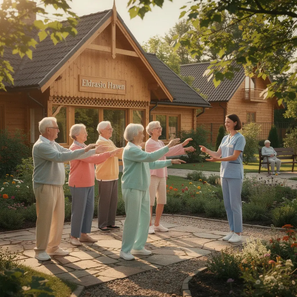 Darbinieks palīdz vecāka gadagājuma cilvēkam pārvietoties pa centru.